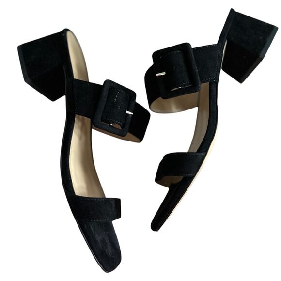 Ann Taylor Black Suede Low Chunky Heel Buckle Square Toe Sandal - Picture 1 of 5